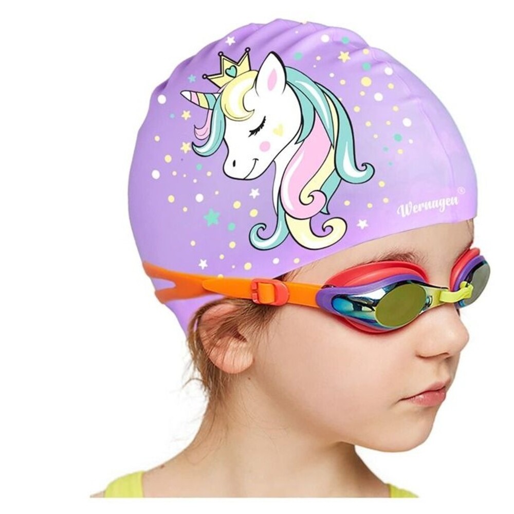 Unicorn Pattern Kids Swimming Caps for Kids Girls Age 2-12 Purple